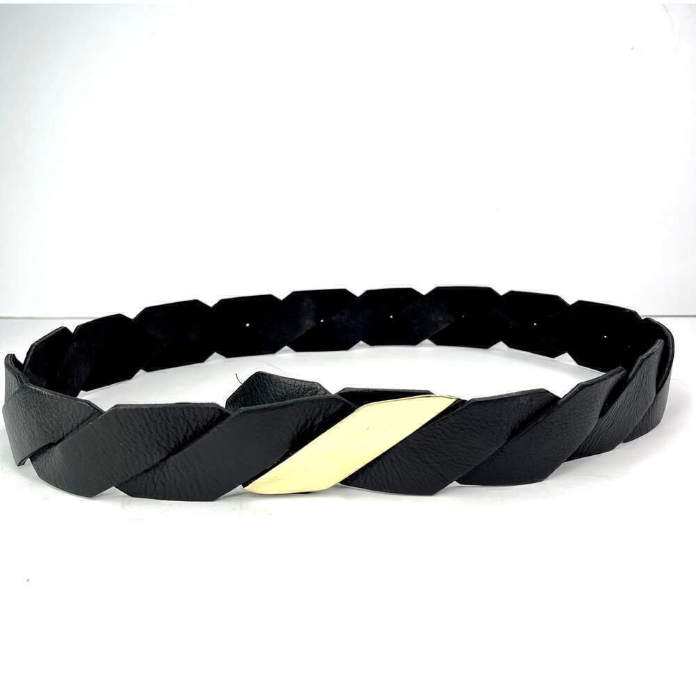 RAINA Genuine Leather Black Braided Belt Gold Metal Hook Buckle Vintage